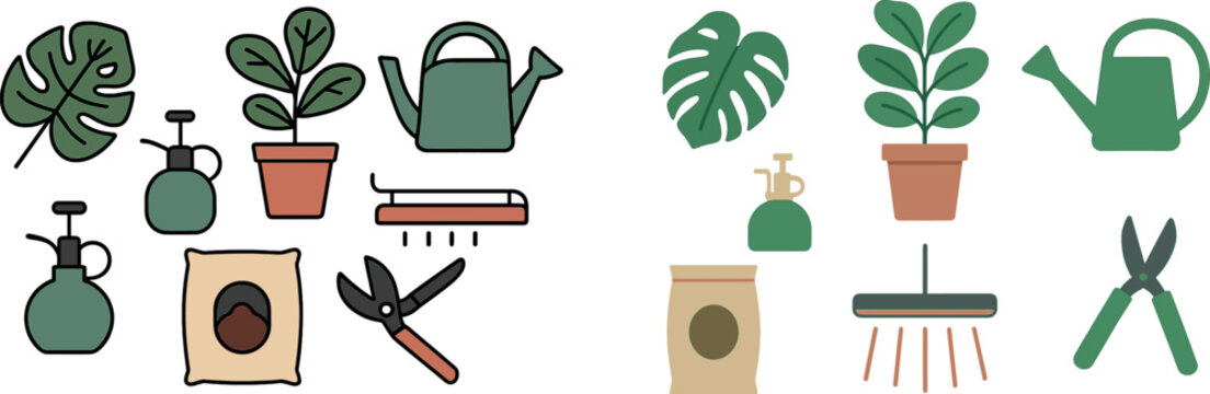 An assortment of gardening tools and plants is displayed, featuring a watering can, pumps, pruners, and a potted plant, ideal for indoor gardening activities.