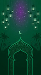 Ramadan Kareem Greeting with Islamic Archway, Crescent Moon, Palm Trees, and Lanterns illuminated by Stardust