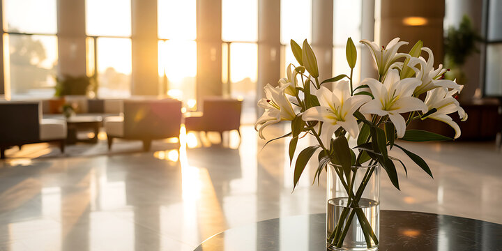 Beautiful white lilies in a glass vase catching the warm golden hour sunlight indoors