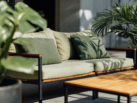 Soft green outdoor sofa with wooden accents and lush plants