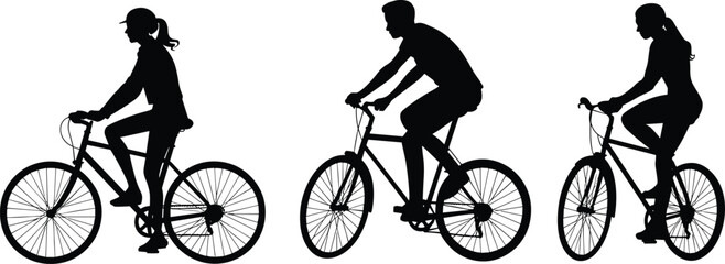 Obraz premium Cycling silhouette illustration, three people riding bicycles, outdoor activity design, fitness lifestyle art, transportation concept, health exercise motion graphic