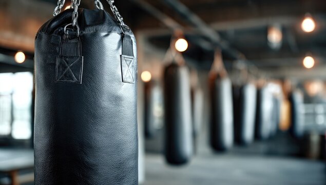 Row of black punching bags hanging in a dimly lit, industrial gym