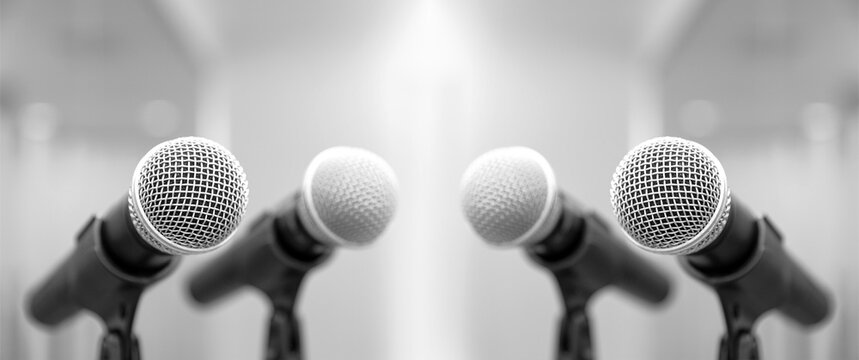 Close-up microphone for press conference speaker reports interview concepts or broadcasting public speaking speech presentation stage performance and reporter news with empty copy space background.