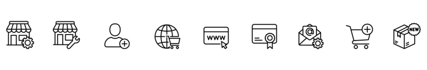 Commerce icon storefront gear wrench user globe website cursor line symbol for online shop account internet order certificate camera setting cart package label minimal outline © Alice a.