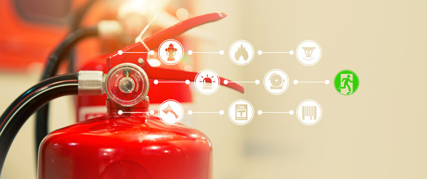 Fire extinguisher with prevent icons for protection or prepare fire equipment for prevention in emergency case and safety or rescue and alarm system training concept.