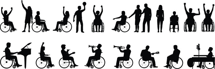 Black silhouette collection of people in wheelchairs playing musical instruments and engaging in sports for disability empowerment accessibility and inclusive lifestyle and arts concepts. © Parimal