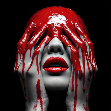 Crimson cascades obscure a face, leaving only lips and eyes exposed