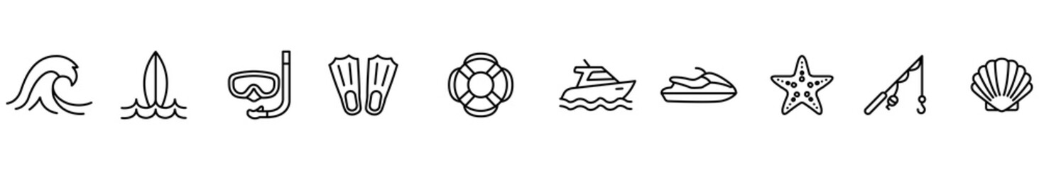 Wave sailboat snorkel mask flipper lifebuoy yacht speedboat starfish seashell outline icon collection for summer beach travel marine sport nautical design © Alice a.