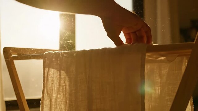 Hands Hanging White Clothes on Drying Rack Indoors