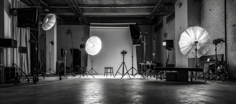 A dimly lit black and white photo studio with various lighting equipment setup