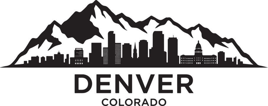 Denver Colorado city skyline with mountains silhouette