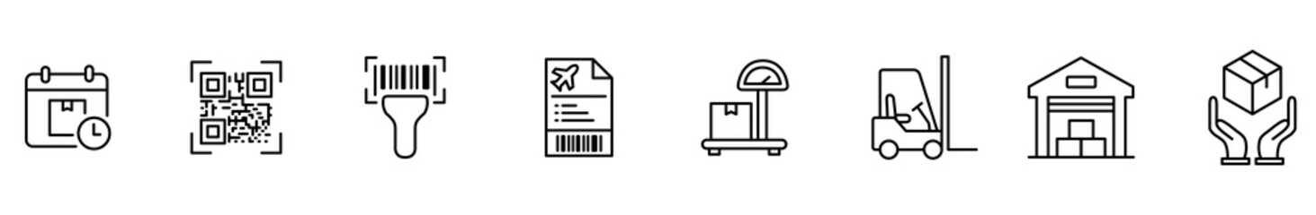 Logistics warehouse shipping delivery inventory barcode scanner forklift outline icon set for supply chain tracking, storage, scheduling, and parcel handling on white background © Alice a.