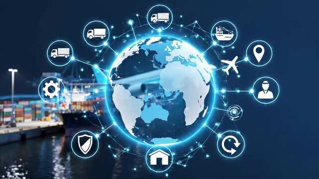 Digital globe with glowing network of logistics icons trucks, cargo ship, airplane, warehouse, security shield. Global supply chain, multimodal freight transport, international trade distribution