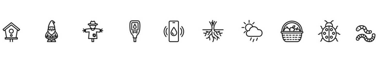 Garden icon set line birdhouse gnome scarecrow thermometer smartphone root weather basket ladybug worm, minimal black outline symbol collection on white for agriculture graphic design © Alice a.