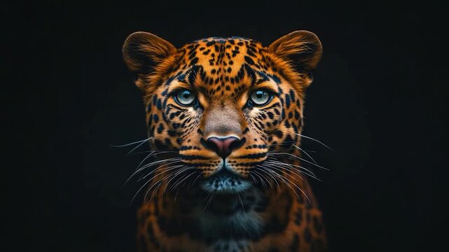 A striking close-up of a leopard's face, showcasing its intense gaze against a dark background