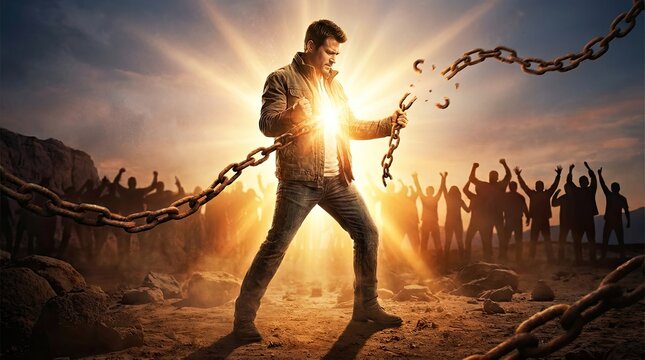 Man breaking spiritual bondage chains with power in battle against addiction concept. A man breaking free from chains, symbolizing empowerment and freedom.