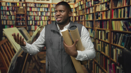 Man wearing gray vest holding rolled blueprints and gesturing with left hand among bookshelves in a building library  curiosity planning. © Krakenimages.com