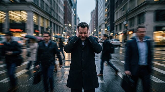 Overwhelmed individual in blurred crowd showing stress and panic anxiety concept. A man overwhelmed by chaos in a busy urban environment.