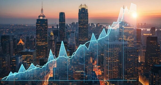 Business graph on city skyline background.