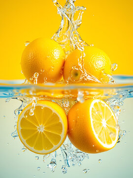 Quadruple Lemon Water Splash High-Resolution Image, Vibrant Colors, Refreshing Concept, Photography Keywords Lemon, Water Splash