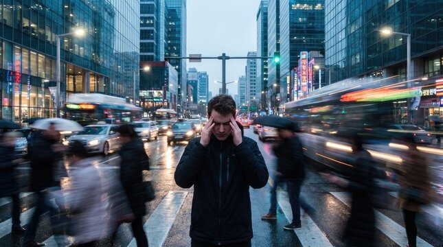 Overwhelmed individual in blurred crowd showing stress and panic anxiety concept. A man stands overwhelmed in a busy city street during rush hour.
