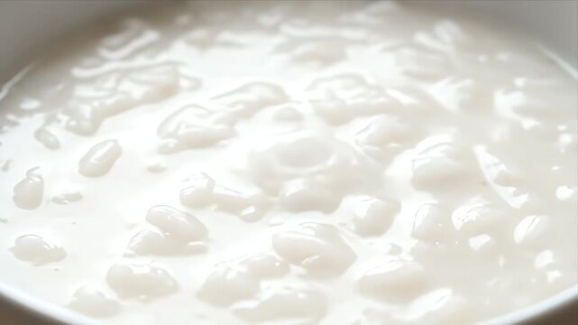 Close up of creamy white coconut tapioca pudding dessert in a white bowl showing smooth texture and small pearls