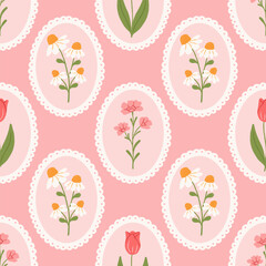 Naklejka premium Coquette seamless floral pattern with hand drawn beautiful flowers in decorative frames. Spring summer preppy vintage print. Vector illustration for wrapping paper, baby clothes, wallpaper.