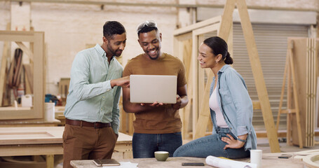 Carpenter, laptop and happy people in workshop, discussion and cooperation for timber online order....