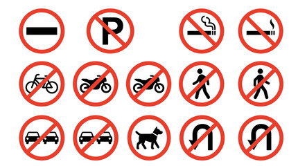 Collection of various traffic prohibition signs and warning symbols