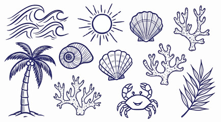 Collection of various beach and sea icons including palm tree, crab, coral, shells, and sun isolated on white background © Saharia
