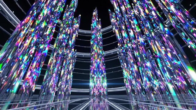 multicolor crystal pillars inside dome, cascading prism lights, mirrored floor grid and steel ribs, immersive art installation, light sculptor performance, data visualization sequence, concert