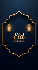 Fototapeta premium Elegant eid mubarak greeting with gold lanterns on dark background