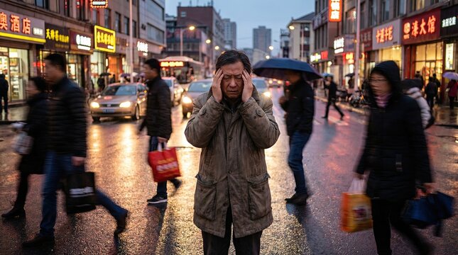 Overwhelmed individual in blurred crowd showing stress and panic anxiety concept. A person feeling overwhelmed in a busy urban environment.