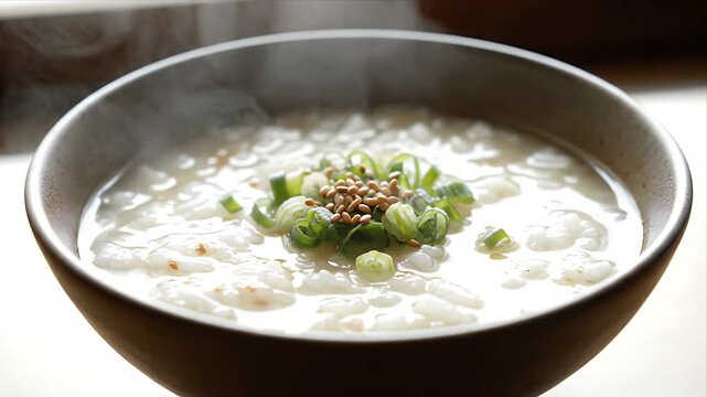 Close Up Of Steaming Rice Porridge Topped With Scallions And Sesame Seeds In A Rustic Bowl With Soft Natural Light Illuminating The Texture Of The Dish