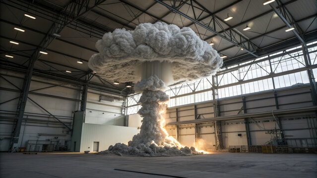 Realistic Tsar Bomba cloud as icon representing computing power in warehouse concept. A powerful explosion creates a dramatic mushroom cloud indoors.