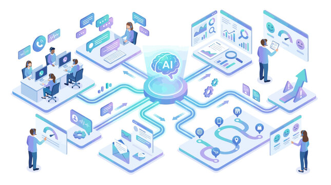 AI-Powered Business: Isometric Team Collaboration, Data Analysis, and Growth