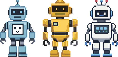Various Cute Pixel Art Robots Set with Different Colors and Designs for Retro Video Game Graphic Illustration © MdMajnur