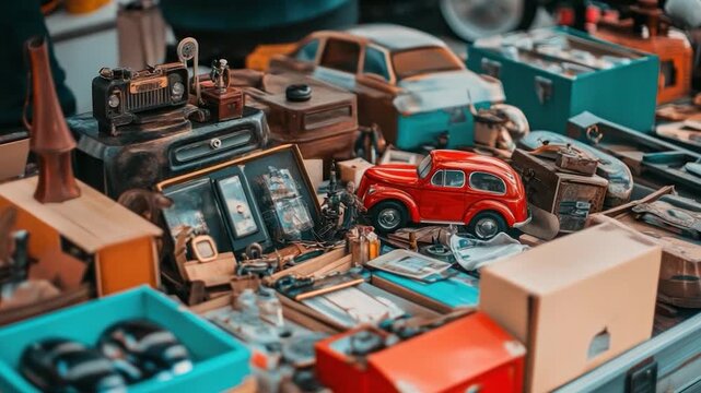 A cluttered display of vintage objects and curios, including toys, radios, and trinkets