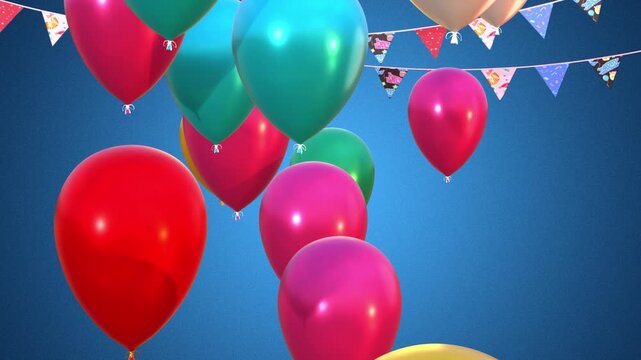Happy birthday congratulation video with multi-colored balloons flying up and confetti falling down. Anniversary celebration animation