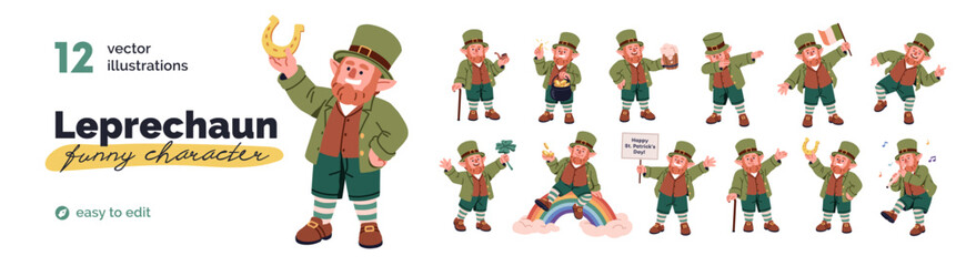 Fototapeta premium Cute leprechaun, St. Patrick day character. Irish holiday mascot set. Happy funny elf, fairytale dwarf in hat, with beer, shamrock, Ireland flag. Flat vector illustration isolated on white background
