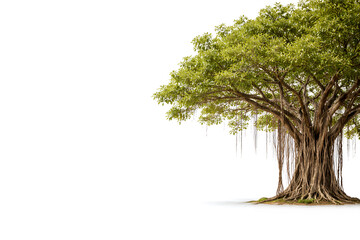 Large Banyan Tree Isolated on White Background with Lush Green Foliage