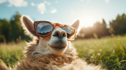 Fototapeta premium A relaxed llama sporting trendy sunglasses lounges comfortably in a sunny field, capturing a lighthearted and playful moment that embodies carefree living and joy in nature.