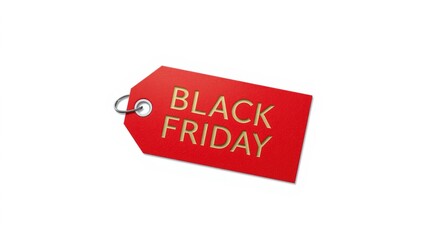 A vibrant red tag with black friday written in bold white letters.