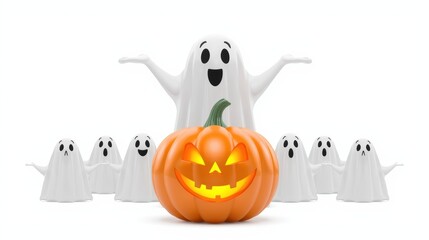 A group of ghost figurines surrounding a carved pumpkin with a lit candle inside