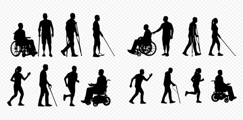 Fototapeta premium Silhouettes of disabled people with various mobility aids, including wheelchairs, crutches, and walking sticks, illustrating support and independence.