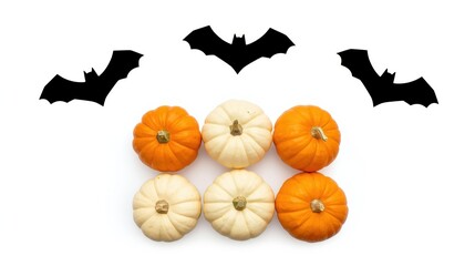 Pumpkins and bats for halloween decoration set on white background