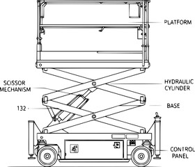 Adjustable Scissor Lift Mechanism Technical Drawing - Mechanical Elevation Platform Vector