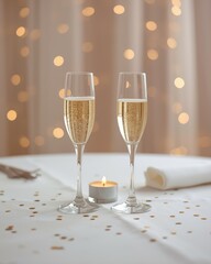 Elegant table setting with two champagne flutes and a lit candle for a romantic dinner.