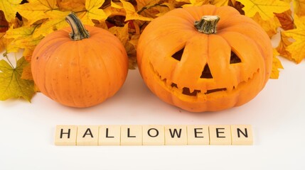 Two pumpkins with carved faces and the word halloween spelled out in scrabble tiles