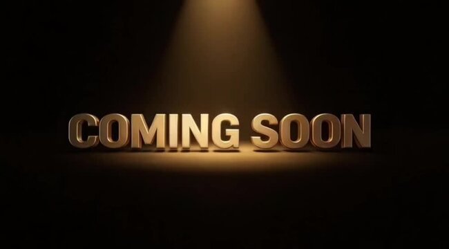 Coming Soon Gold 3D Text Under Spotlight on Dark Background